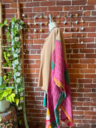 OOAK Winter Collection - Upcycled Waffle Knit Kantha Poncho Hi Lo Kimono