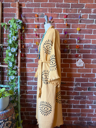 Mustard Yellow Evil Eye 100% Cotton Kimono Robe  - Fair Trade Made
