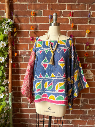 OOAK Summer Collection - Reversible Cosmic Drift Kantha Poncho Top - 2 Tops in 1!