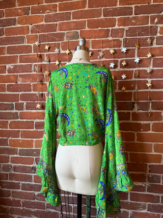 Green Sun, Moon + Stars Celestial Cropped Bell Sleeve Wrap Top