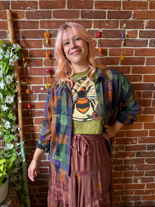 OOAK Summer Collection- Upcycled Def Leppard Button Up Plaid Top Size 1X
