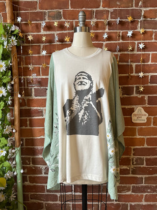 Upcycled Willie Nelson Inspired Green Daisy Embroidered Poncho