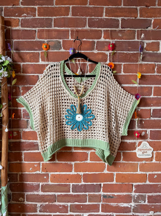 Blue/Green Festival Flower Crochet Overlay Top 🌼