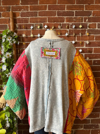 OOAK Autumn Collection - Upcycled Flower Patchwork Trapeze Style Bell Sleeve Kantha Top 🌼