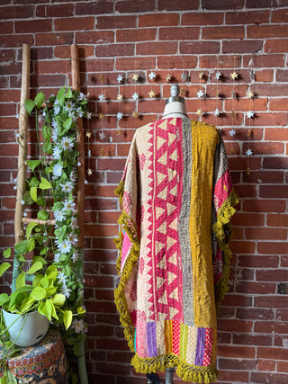 Sierra Dreams Upcycled Cotton Kantha Poncho Tunic Top with Pockets