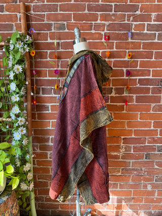 Juniper Patchwork Poncho Hoodie- Maroon Brown/ Earth Tones