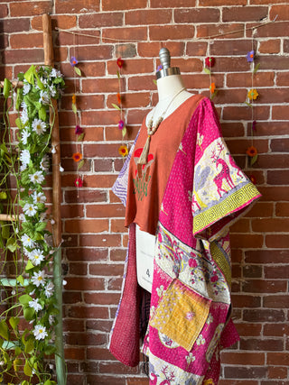 Upcycled Front Pockets Embroidered Butterfly Hi Lo Kantha Poncho Top