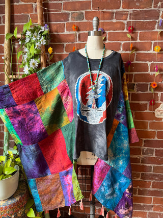 Grateful Dead Inspired Upcycled Silk Patchwork Tie Dye Hi Lo Poncho Top