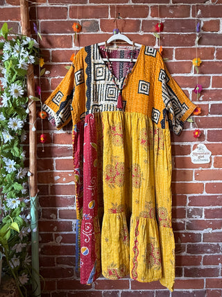 Coffee In The Morning Kantha Dress - Fits up to 3X - 100% Cotton- Fair Trade Made