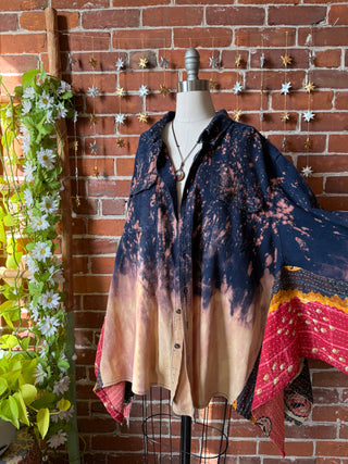 OOAK Winter Collection- Birdsong Kantha + Bleach Plaid Button Up Wing Style Poncho Jacket