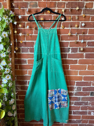 OOAK Autumn Collection- Size Medium Upcycled Patchwork Gauze Wide Leg Overalls