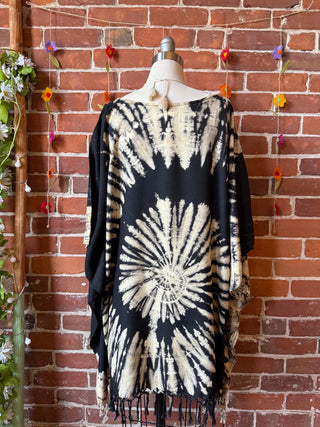 Spiral Black + Beige Tie Dye Fringe Poncho