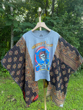 OOAK Summer Collection- Upcycled Grateful Dead Inspired Kantha Cropped Hi Lo Poncho Tee *imperfect!