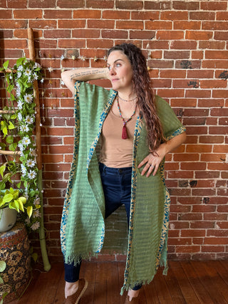 100% Cotton Green Woven Fringe Kimono Robe