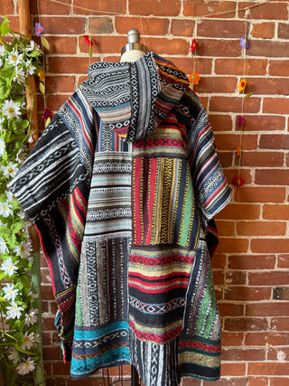 Rainbow/Black Brushed Woven 100% Cotton Hooded Poncho