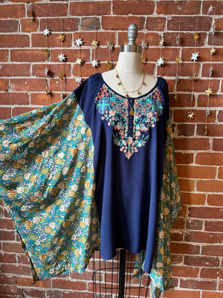 Upcycled Flowy Floral Embroidered Poncho Top