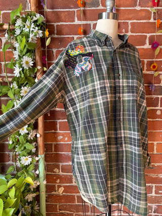 OOAK Autumn Collection- Unisex Size Upcycled Kantha Detail Button Up Plaid Wild Daisies