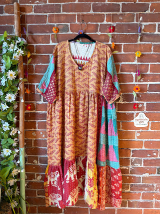 Coffee In The Morning Kantha Dress - Fits up to 3X - 100% Cotton- Fair Trade Made