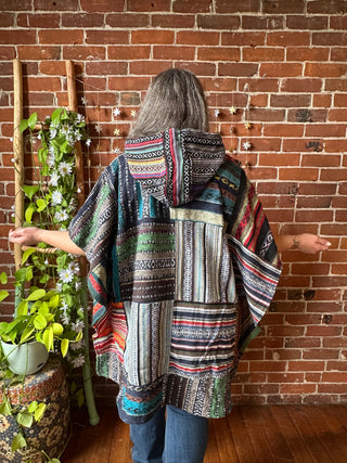 Rainbow/Black Brushed Woven 100% Cotton Hooded Poncho