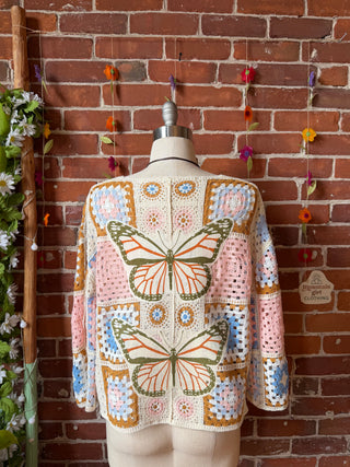 Bohemian Luna Butterfly Crochet Granny Square Sweater - Pink +Blue