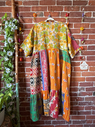 Coffee In The Morning Kantha Dress - Fits up to 3X - 100% Cotton- Fair Trade Made