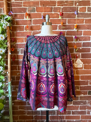 OOAK Autumn Collection- Upcycled Mandala Purple Boho Bell Sleeve Tunic Top