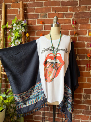 Upcycled Rolling Stones Inspired Navy Embroidered Poncho Tassel Top