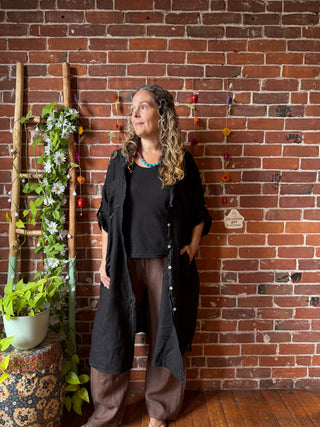 Nomad Linen Button Up Long Tunic / Dress Layer with Pockets- Made in Italy
