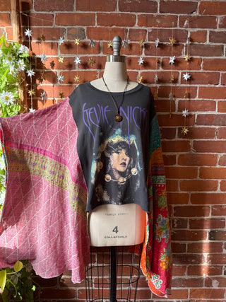 OOAK Winter Collection- Upcycled Stevie Silver Sprints Inspired Hi Lo Kantha Poncho Tee