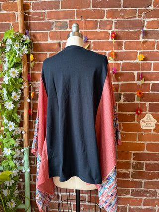 Upcycled AC/DC Inspired Rose Embroidered Poncho Top