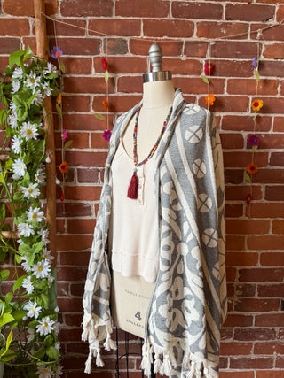 Gray Sky Fringe Cocoon Shawl Kimono - 100% Cotton