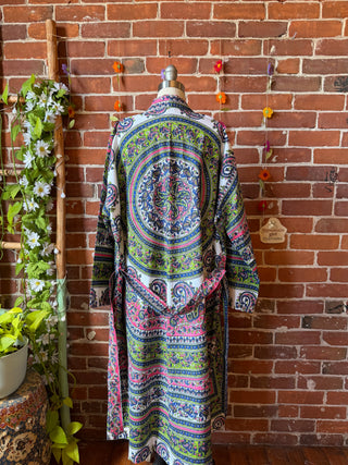 Paisley Purple Green Mandala Long Tapestry Robe Kimono w/ Pockets + Belt - Fair Trade Made