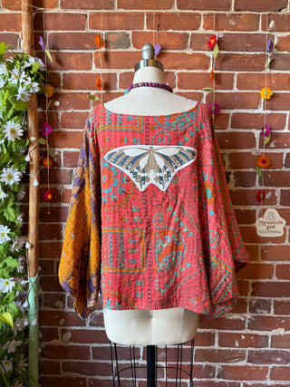 OOAK Summer Collection - Reversible Cosmic Drift Kantha Poncho Top with Luna Butterfly- 2 Tops in 1