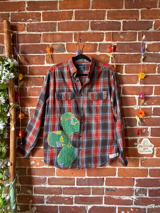 OOAK Autumn Collection- Unisex Size Upcycled Kantha Detail Button Up Plaid "No Bad Days"