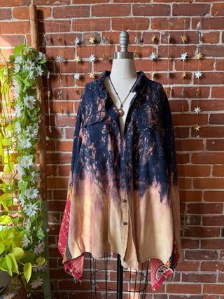 OOAK Winter Collection- Birdsong Kantha + Bleach Plaid Button Up Wing Style Poncho Jacket