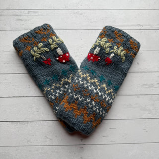 Mushroom Fair Isle Fleece Lined Wool Handwarmers / Fingerless Gloves