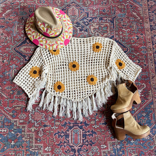 Bohemian Sunflower Fringe Crochet Crop Top 🌻