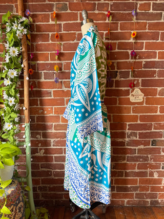 Bright Blue + Lime Mandala Long Tapestry Robe Kimono w/ Pockets + Belt - Fair Trade Made