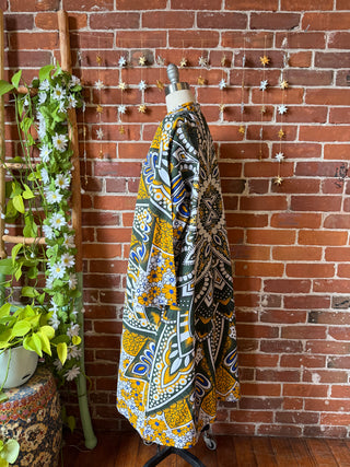Yellow Green Mandala Long Tapestry Robe Kimono with Pockets and Belt