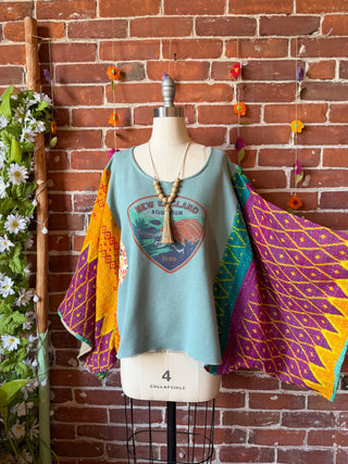 OOAK Summer Collection- Upcycled New Engand Aquarium Kantha Dolman Sleeve Top