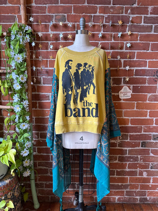 The Band Inspired Hybrid Teal Boho Print Hi Lo Poncho Sweatshirt
