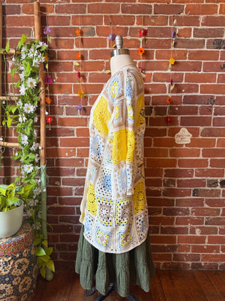Bohemian Luna Butterfly Crochet Granny Square Sweater - Yellow +Blue