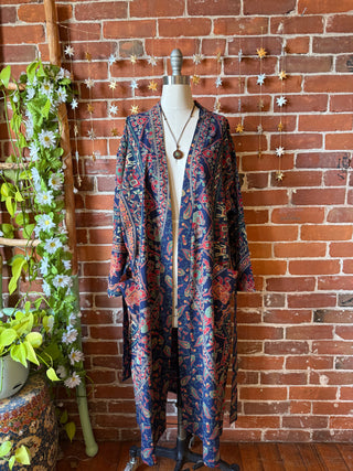 Blue Mandala Long Tapestry Robe Kimono w/ Pockets + Belt - Fair Trade Made