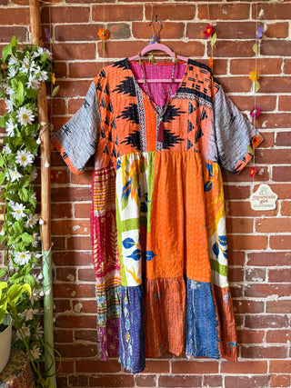 Coffee In The Morning Kantha Dress - Fits up to 3X - 100% Cotton- Fair Trade Made