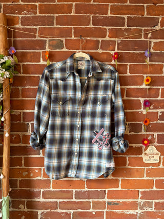 OOAK Autumn Collection- Unisex Size Small Upcycled Rolling Stones Inspired Button Up Plaid Flannel Top