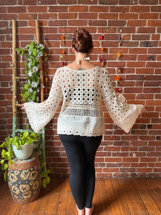 100% Cotton Bohemian Bell Sleeve Crochet Eyelet Top