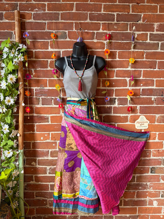Reversible Upcycled Sari Silky Patchwork Wrap Skirt - Fair Trade Made