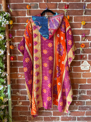 Mystery Print Autumn Sunset Patchwork Upcycled Kantha Hoodie Poncho Jacket- Fair Trade Made
