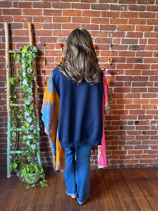 Upcycled Grateful Dead Inspired Sky + Space Kantha Poncho Hi Lo Hoodie