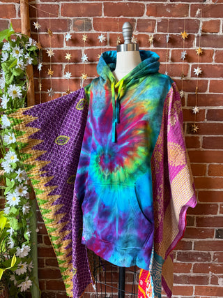 Soul Shine Maine X Mountain Girl Collab OOAK Upcycled Tie Dye Kantha hi Lo Hoodie